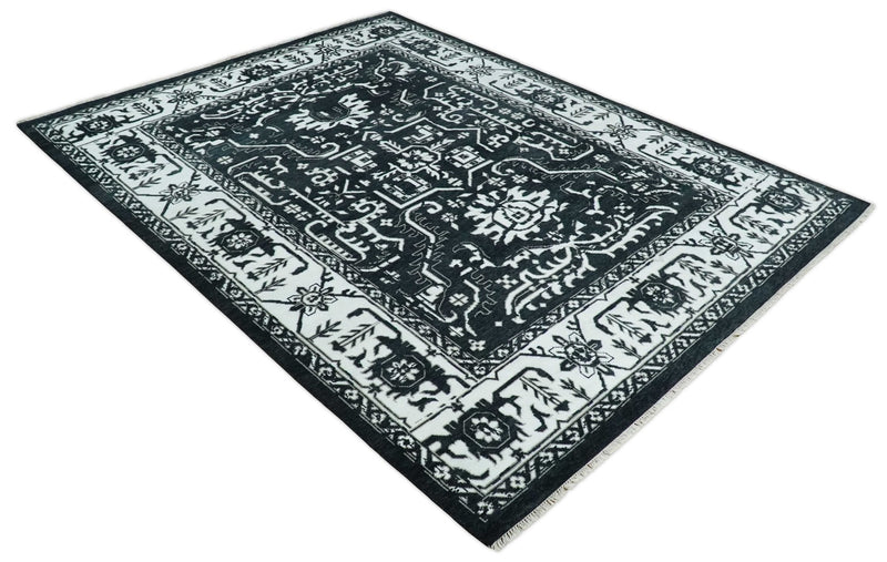 Black and White 6x9, 8x10 and 9x12 Hand Knotted Traditional Persian Oushak Wool and Viscose Rug, Accent Rug | TRDCP840