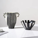 GobekUsa Black Check Geometric Striped Ceramic Vase - Handcrafted Floral Arrangement Pot