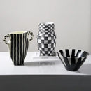 GobekUsa Black Check Geometric Striped Ceramic Vase - Handcrafted Floral Arrangement Pot