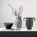GobekUsa Black Check Geometric Striped Ceramic Vase - Handcrafted Floral Arrangement Pot