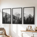 Black White Forest Triptych. Misty Mountains Nature Posters by Wall Art Set