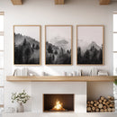 Black White Forest Triptych. Misty Mountains Nature Posters by Wall Art Set