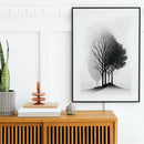 Minimalist black & white mountain tree landscape wall art living room by Decorbites