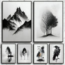 Minimalist black & white mountain tree landscape wall art living room by Decorbites