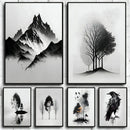 Minimalist black & white mountain tree landscape wall art living room by Decorbites