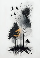 Minimalist black & white mountain tree landscape wall art living room by Decorbites