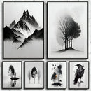 GobekUsa Black and White Mountain Tree Landscape Wall Art