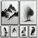 GobekUsa Black and White Mountain Tree Landscape Wall Art