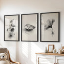 Minimalist Japanese Set of 3 Prints. Black and White Flowers Decor by Wall Art Set