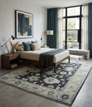 Black Beige and Silver Wool Traditional Oushak Area Rug - Hand Knotted Antique Look