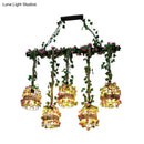 GobekUsa Black Birdcage Metallic Linear Pendant with Rose Vine: 5 Bulbs Rope Island Light Fixture