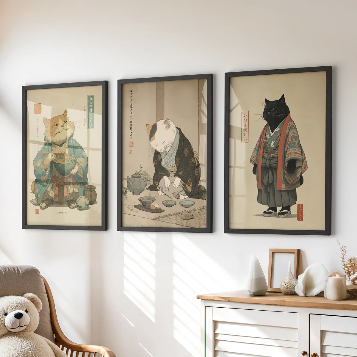 Japanese Ukiyo-e Style Cat Wall Art Set of 3. Tea Ceremony, photo 2 of 19