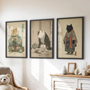 Japanese Ukiyo-e Style Cat Wall Art Set of 3. Tea Ceremony by Wall Art Set