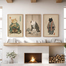 Japanese Ukiyo-e Style Cat Wall Art Set of 3. Tea Ceremony by Wall Art Set