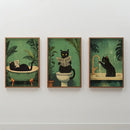 Whimsical green black cat bathroom wall art framed prints set of 3 by Decorbites