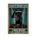 Vintage teal and gold black cat music poster living room wall art by Decorbites