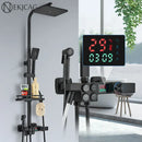 GobekUsa Digital Display Thermostatic Shower Faucet Set, Rain Shower Column, Wall Mount - Black/Chrome