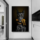 Modern black doberman dog canvas art with golden pistol living room by Decorbites