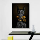 Modern black doberman dog canvas art with golden pistol living room by Decorbites