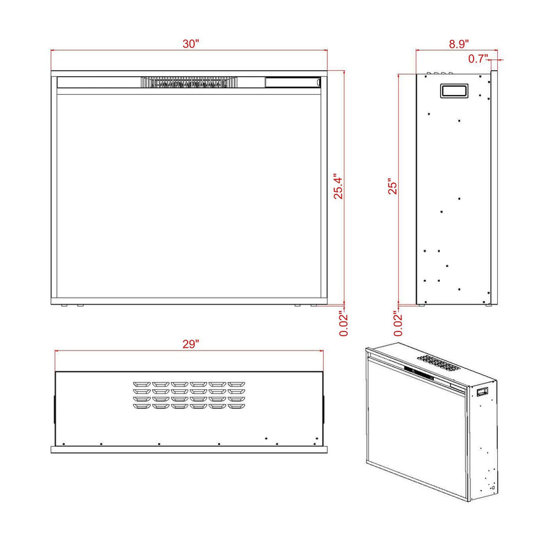 Black Electric Fireplace Heater Insert with Overheating Protection and Remote Control
