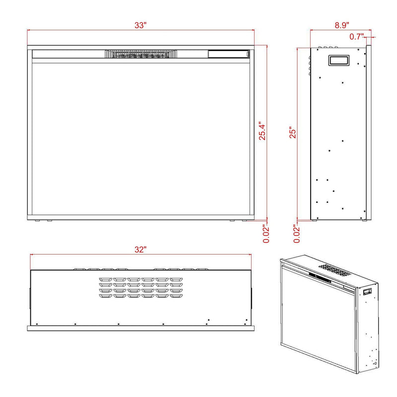 Black Electric Fireplace Heater Insert with Overheating Protection and Remote Control
