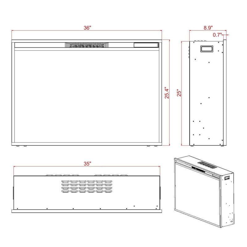 Black Electric Fireplace Heater Insert with Overheating Protection and Remote Control