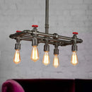 GobekUsa Black Finish Tubing Hanging Lamp: Antique Metal Dining Room Chandelier with Red Valve and 5-Bulb Lighting