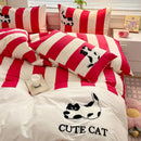 GobekUsa Cat Embroidery Stripes Bedding Set - Single Queen Size Bedclothes