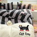 GobekUsa Cat Embroidery Stripes Bedding Set - Single Queen Size Bedclothes