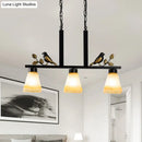 GobekUsa Black Island Pendant with 3 Tan Glass Shades and Bird Deco - Traditional Dining Room Ceiling Light