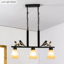 GobekUsa Black Island Pendant with 3 Tan Glass Shades and Bird Deco - Traditional Dining Room Ceiling Light