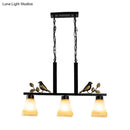 GobekUsa Black Island Pendant with 3 Tan Glass Shades and Bird Deco - Traditional Dining Room Ceiling Light