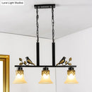 GobekUsa Black Island Pendant with 3 Tan Glass Shades and Bird Deco - Traditional Dining Room Ceiling Light
