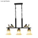 GobekUsa Black Island Pendant with 3 Tan Glass Shades and Bird Deco - Traditional Dining Room Ceiling Light