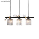 GobekUsa Black Island Pendant Light with Clear Crystal Cylinder and Lodge Style Accents - 3 Lights, Bird and Flower Design