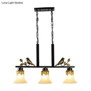 GobekUsa Black Island Pendant with 3 Tan Glass Shades and Bird Deco - Traditional Dining Room Ceiling Light
