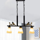 GobekUsa Black Island Pendant with 3 Tan Glass Shades and Bird Deco - Traditional Dining Room Ceiling Light