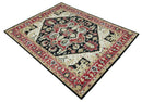 Hand Knotted Wool Area Rug Traditional Heriz Medallion Design Black Ivory Olive Brown