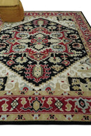 Hand Knotted Wool Area Rug Traditional Heriz Medallion Design Black Ivory Olive Brown