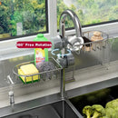 Black metal adjustable kitchen sink rack with soap dish and hooks by Decorbites