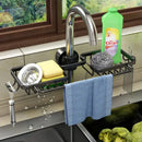 Black metal adjustable kitchen sink rack with soap dish and hooks by Decorbites