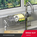 Black metal adjustable kitchen sink rack with soap dish and hooks by Decorbites