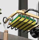 Black metal adjustable kitchen sink rack with soap dish and hooks by Decorbites