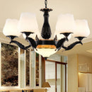 GobekUsa Black Metal Chandelier with Floral White Glass Shades - 4/6/7 Heads, Sputnik Suspension Pendant