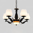 GobekUsa Black Metal Chandelier with Floral White Glass Shades - 4/6/7 Heads, Sputnik Suspension Pendant