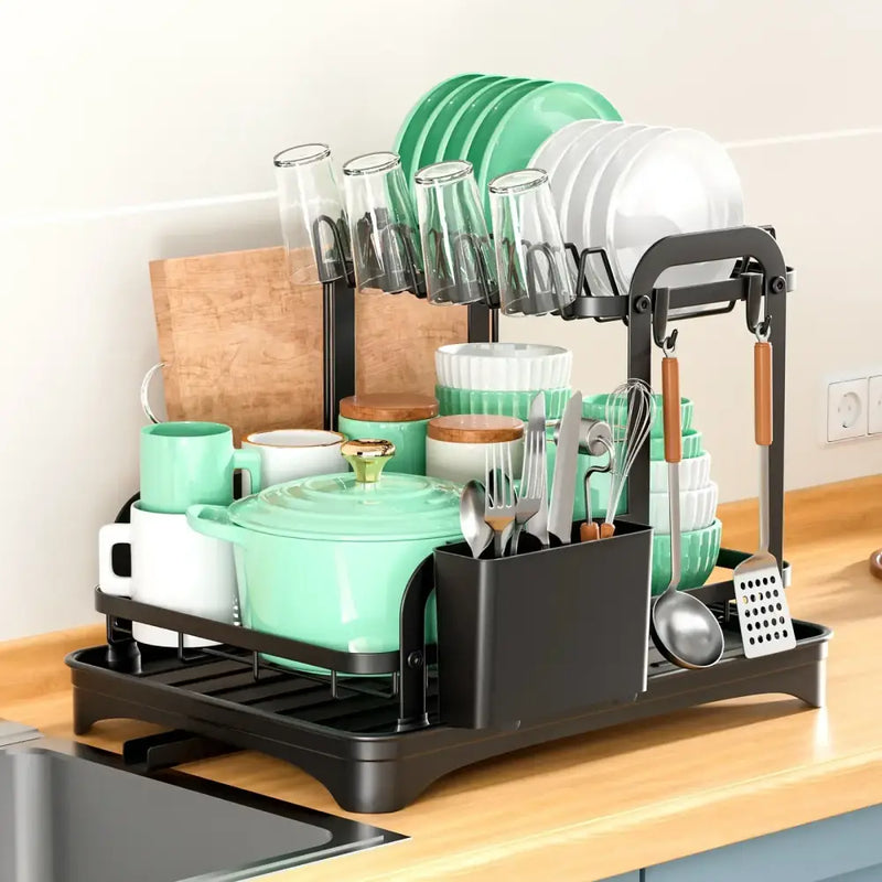 GobekUsa Double Layer Dish Drying Rack with Drainboard - Kitchen Countertop Organizer