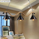GobekUsa Black Metal & Rope Pendant Light - Farmhouse Style with Wavy Conic Design, 3/5 Bulbs