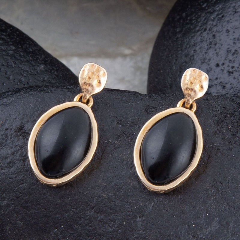 Black Onyx Hammered Post Drop Golden Earrings