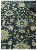 Black, Silver and Olive Oushak Hand Knotted Custom Made Wool Rug