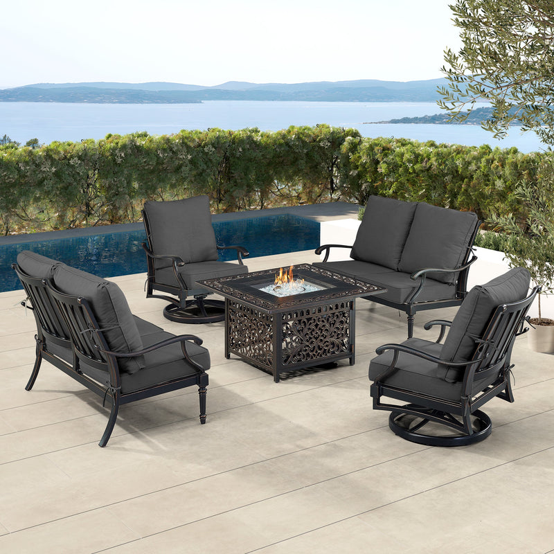 Black Aluminum Fire Table Set with Two Loveseats and Two Club Chairs